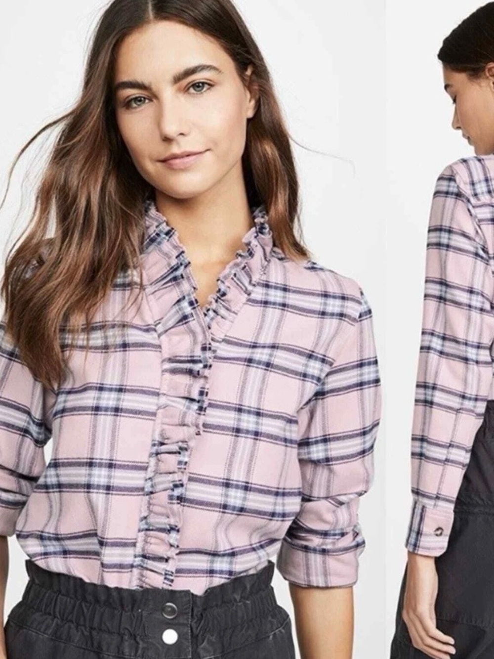 Isabel Marant Pink Plaid Ruffle-Trim Button-Down Shirt